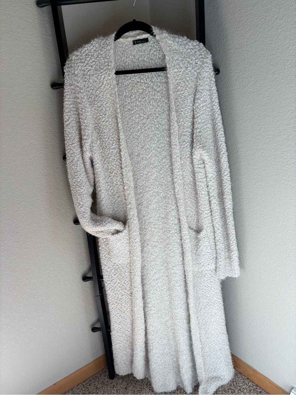 Very J Cream Plush Long Cardigan Robe